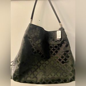 COACH Madison Phoebe OP Art Signature Black Shoulder Bag in sateen and leather